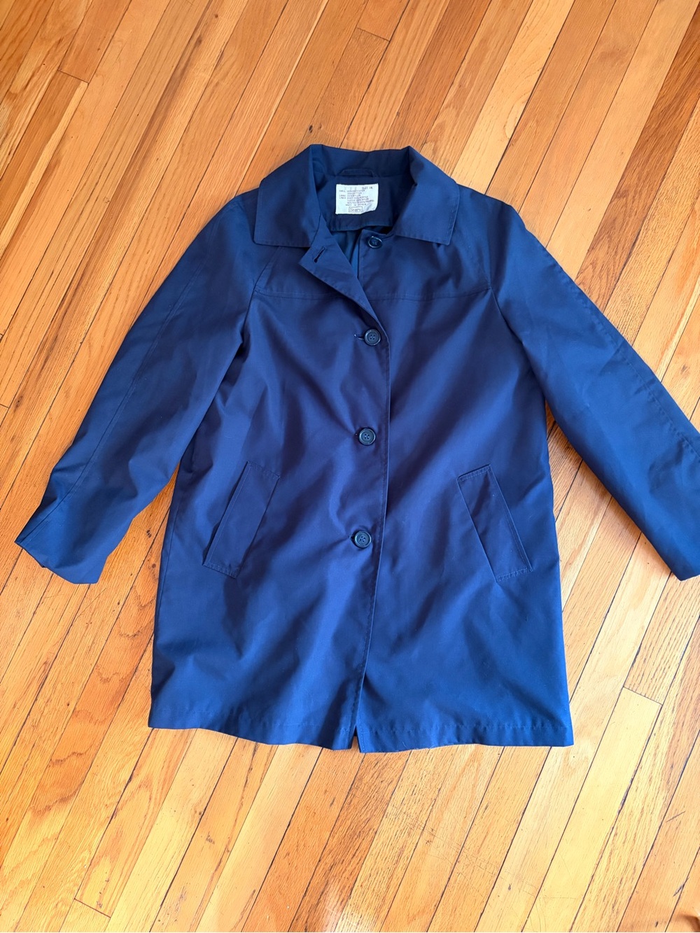 Vintage SEARS Classic Navy Women's Button Front Coat Sz. 14. 70s? Trench coat